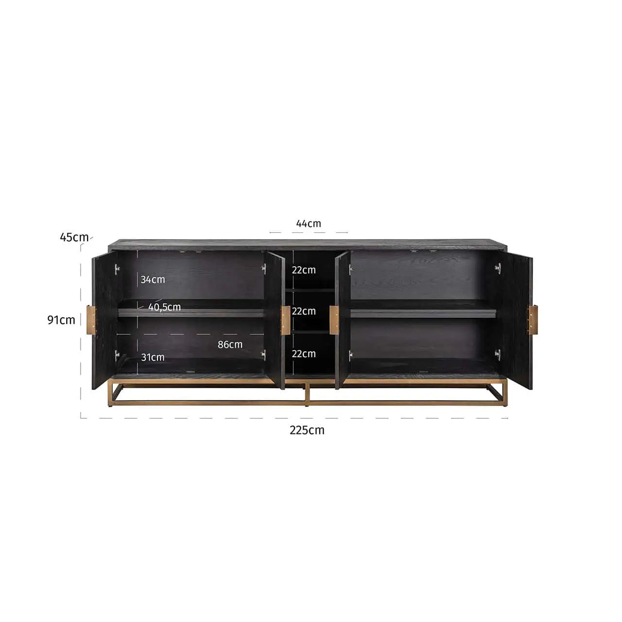 Kumode Blackbone misiņa 4 durvis Richmond Interiors 91/225/45 cm melna rustikāla - N1 Home