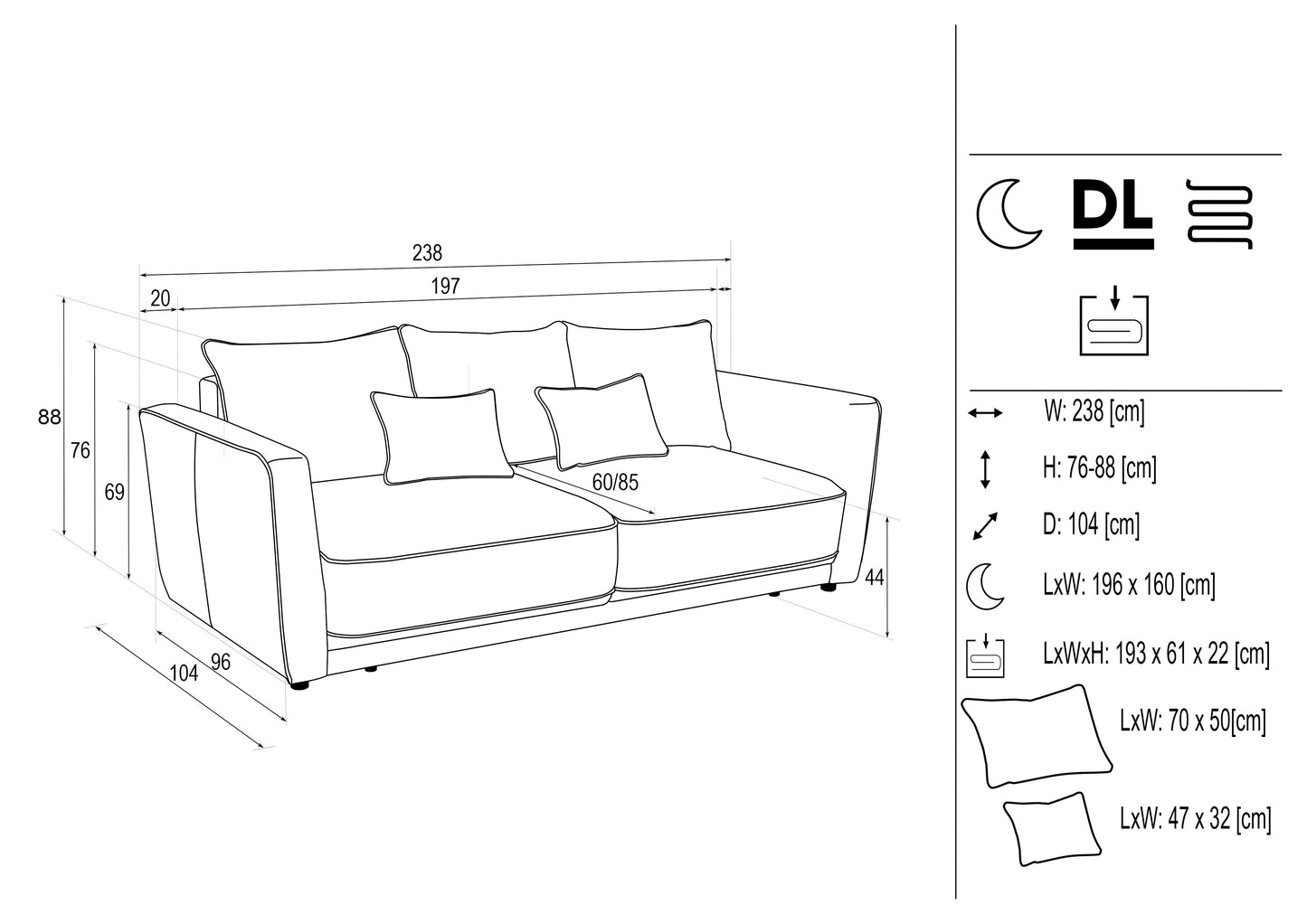 Dīvans Andi 238/104/ 76 - 90 cm tumši pelēks - N1 Home