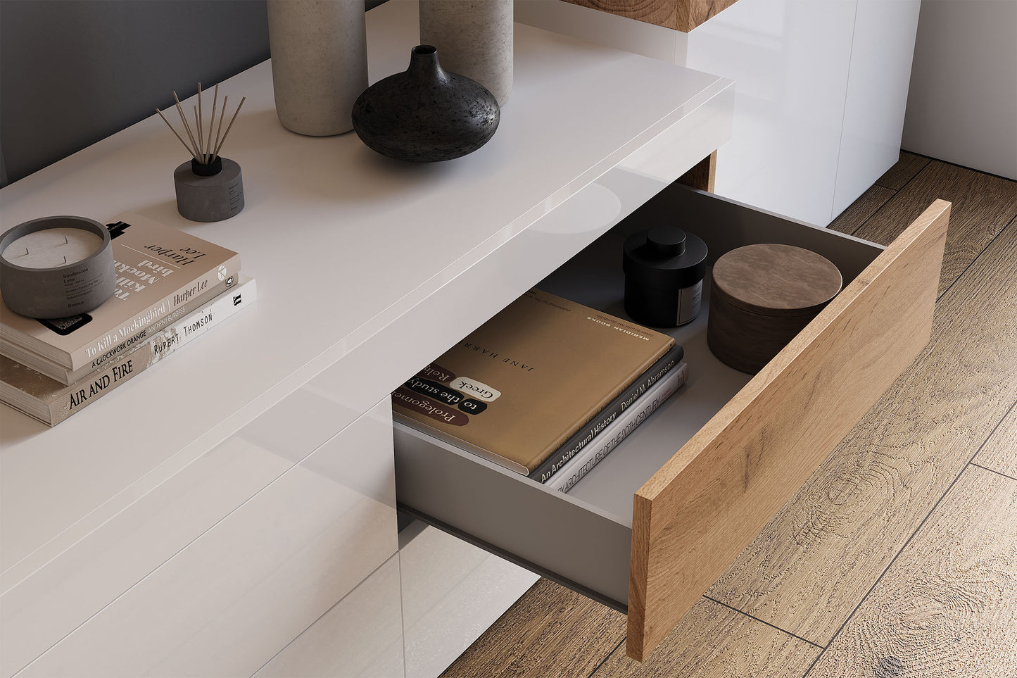 Kumode Solani 169/85/40 cm balts/Votan ozols - N1 Home