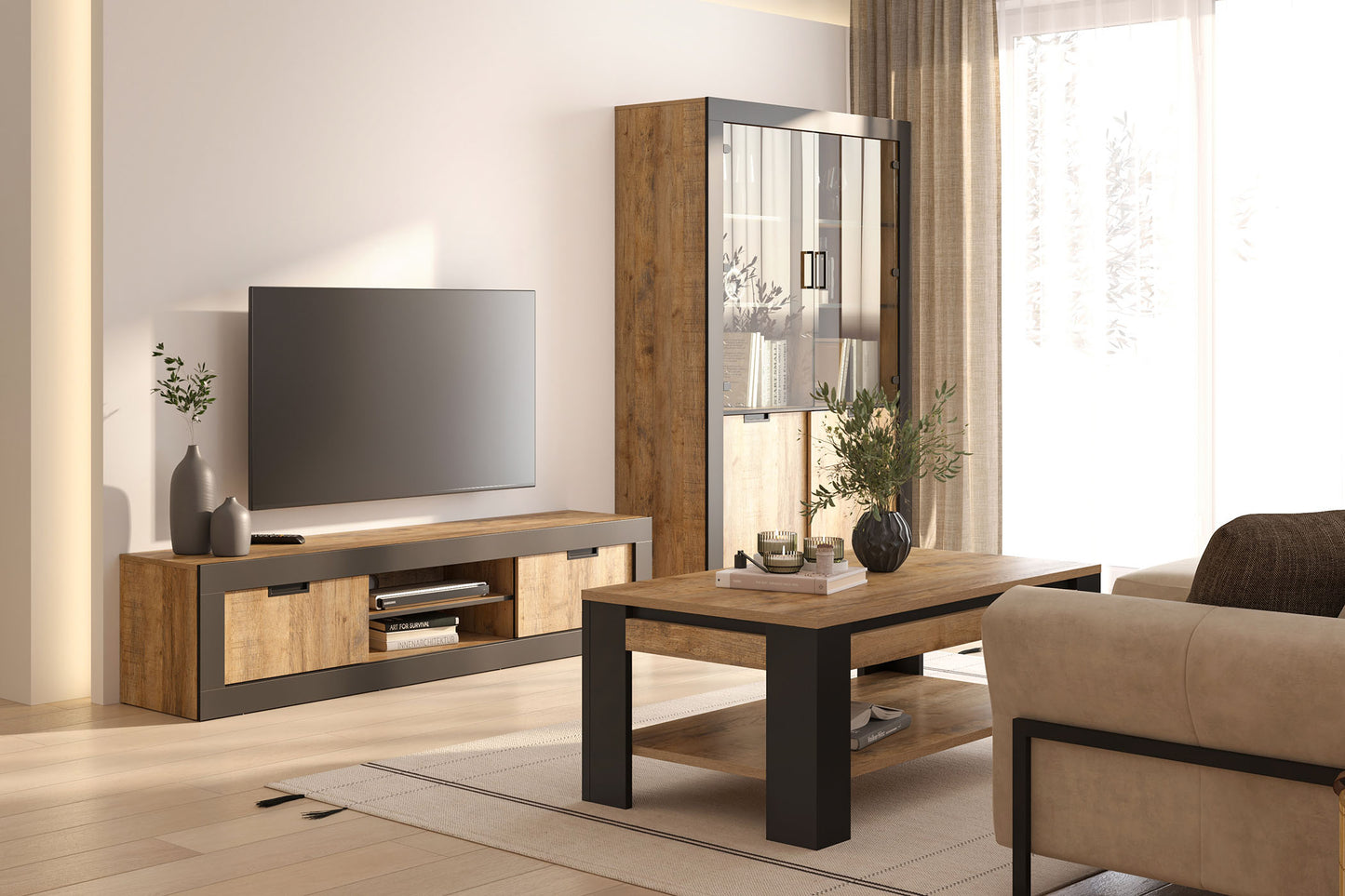 Vitrīnas skapis Valor 120/87/45 cm samdal ozols/melns - N1 Home