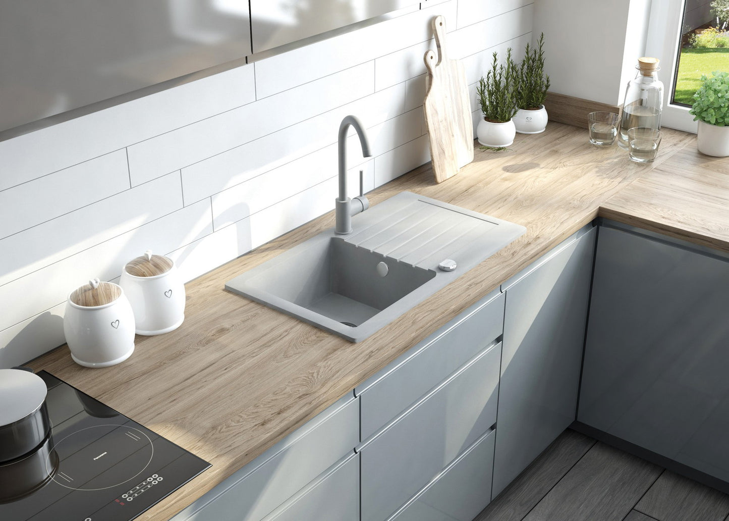 Granīta izlietne ar jaucējkrānu 1-bļodas izlietne ar izlietni Zorba 760 x 440 x 160 alabastrs - N1 Home