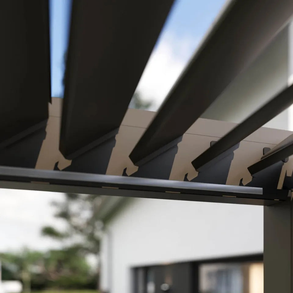 Bioklimatiskā terases pergola Elija AUTOMATIC 3x6 ar LED apgaismojumu 600/309/255 cm taupe - N1 Home