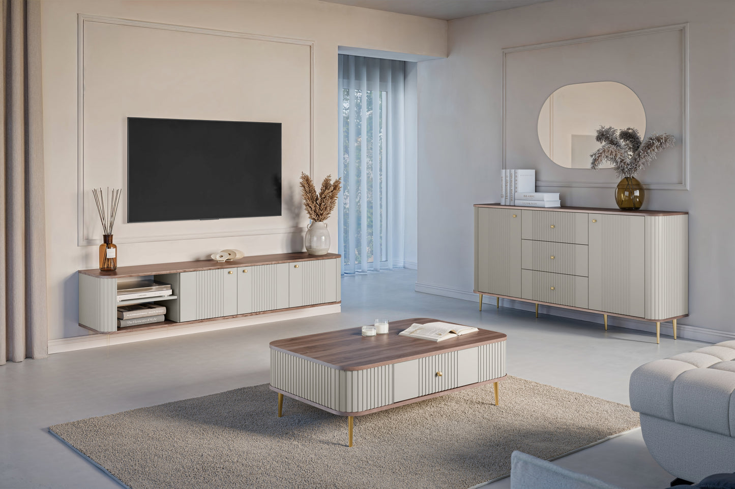 TV skapis Vespa 187/36/38 cm kašmirs/rieksts/zelts - N1 Home