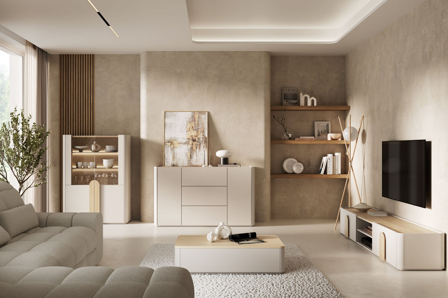 Vitrīna Amil 100/137.5/48 cm Kašmirs / Eļļots ozols / Gaišs ozols - N1 Home