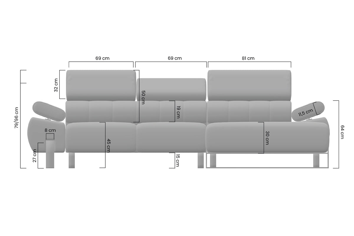 Dīvāns VECA M  kreisais stūris 293/79-96/176 cm pelēks/zelta kājas - N1 Home