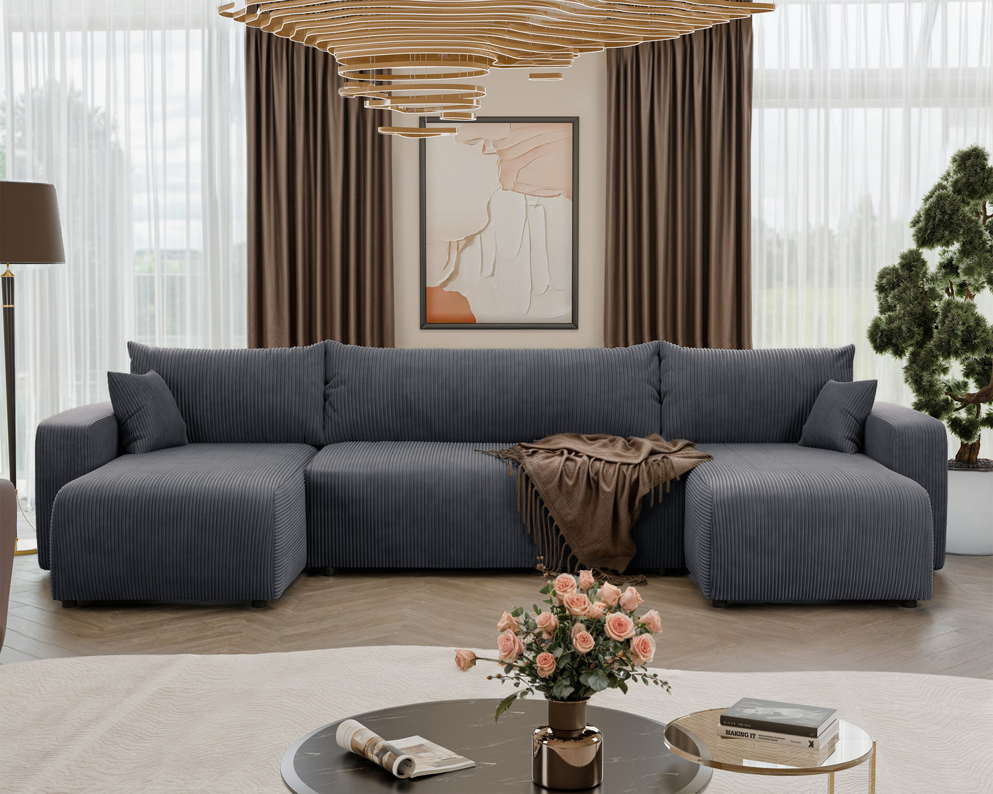 NONIPIA U-formas stūra dīvāns ar gulēšanas funkciju, ar konteineri, universāls, pelēks velvets - N1 Home