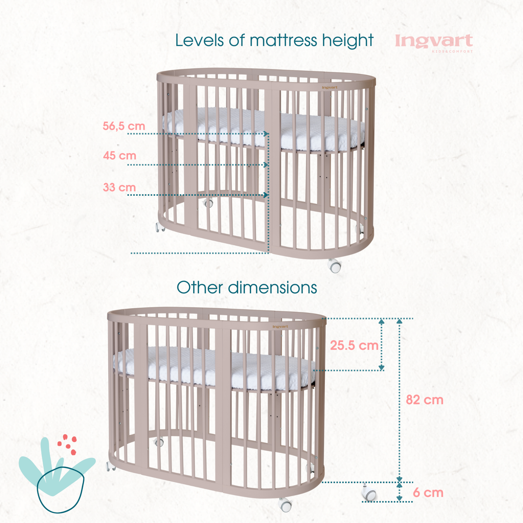 Ovāla bērnu gultiņa Transformers Smart Bed 7 in 1 82/75/60 cm cappuccino krāsa - N1 Home