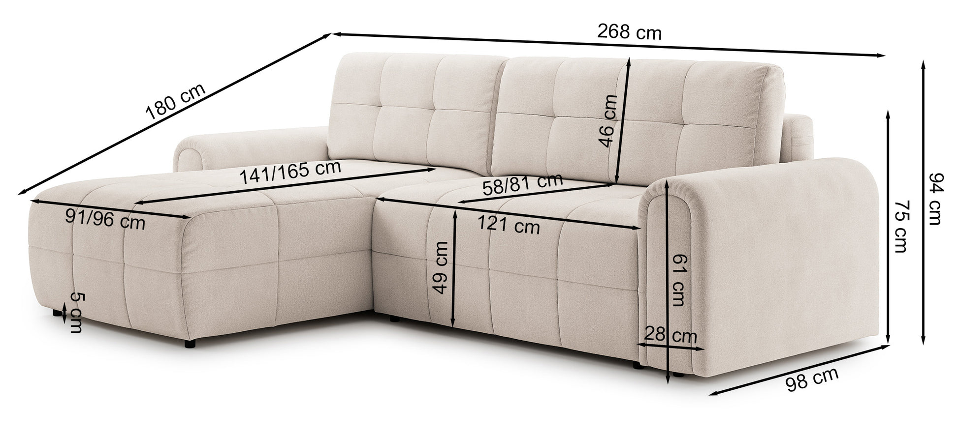 Dīvāns Simol 268/94/180 cm Storm 34 - N1 Home
