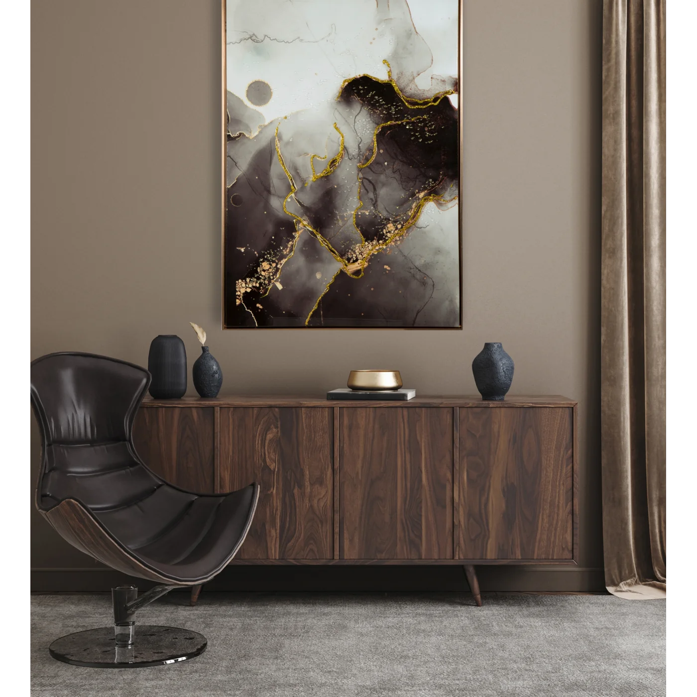 Abstrakta glezna ar zelta un melnu apdruku uz balta fona Aurora 73/103 cm - N1 Home