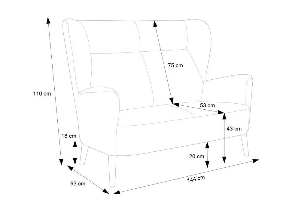 Dīvāns PARIS 2 144/93/110 cm melnas kājas - N1 Home