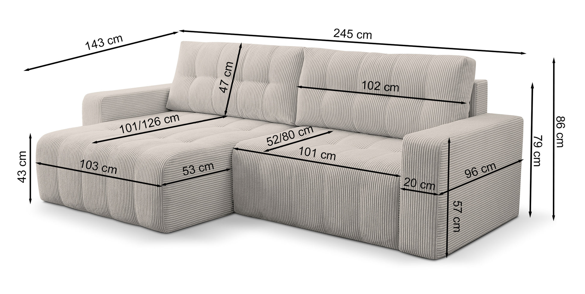 Dīvāns Mailes 86/245/143 cm Poso 02 - N1 Home