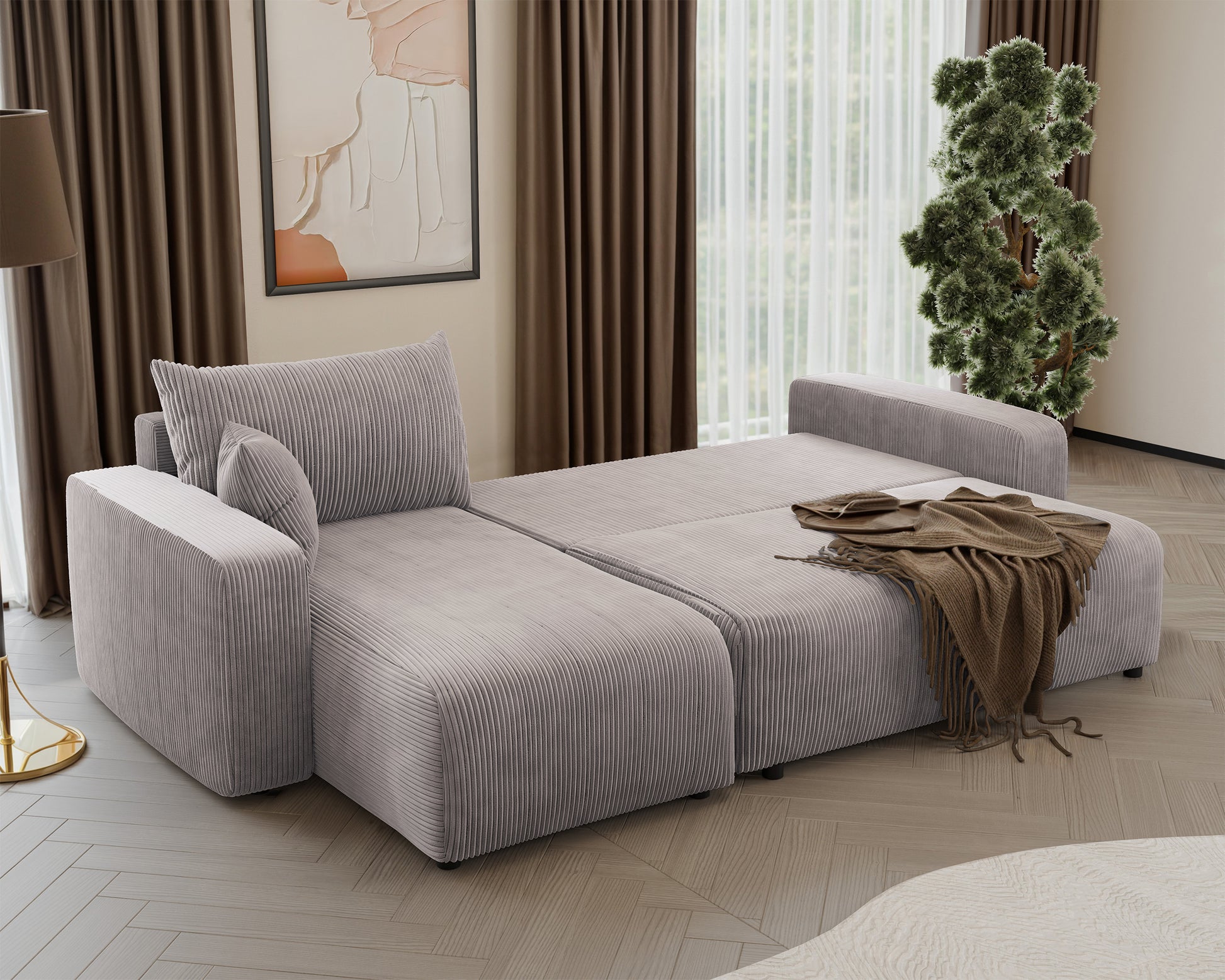 NONIPIA L-formas stūra dīvāns ar gulēšanas funkciju, ar konteineri, universāls, bēšs velvets - N1 Home