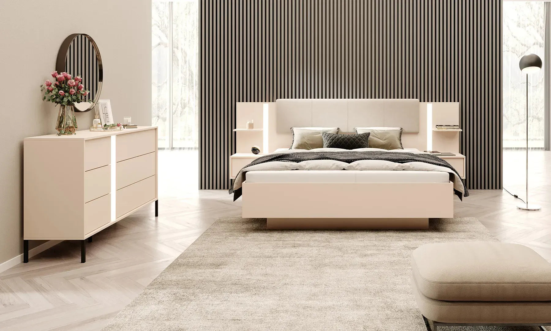 Gulta ar naktsskapitis Dasty 160/200 cm bēšs - N1 Home