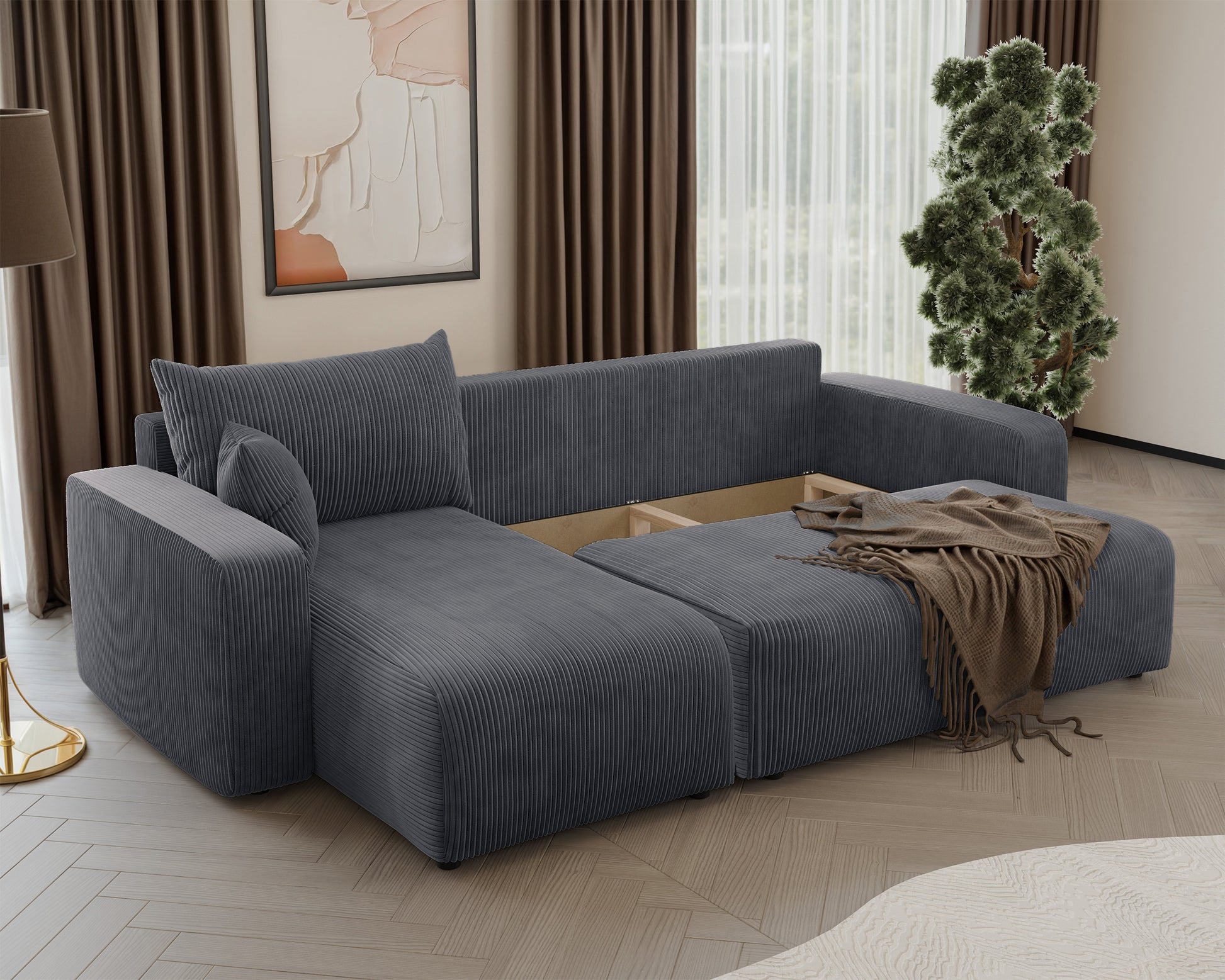 NONIPIA L-formas stūra dīvāns ar gulēšanas funkciju, ar konteineri, universāls, pelēks velvets - N1 Home