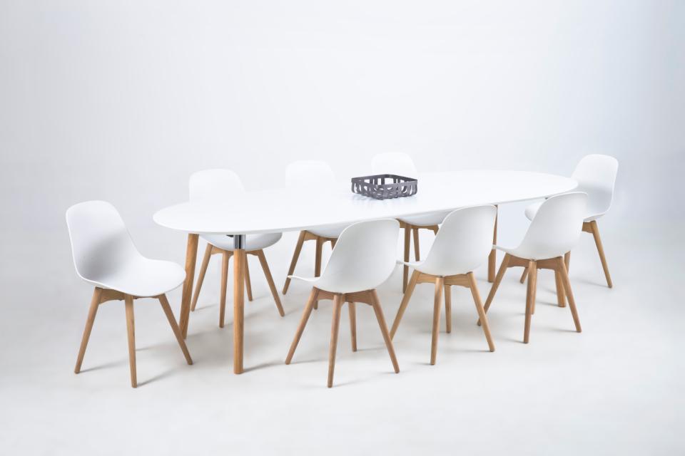 BE ovāls pusdienu galds balti PU krāsots MDF 170/270x100x74 cm