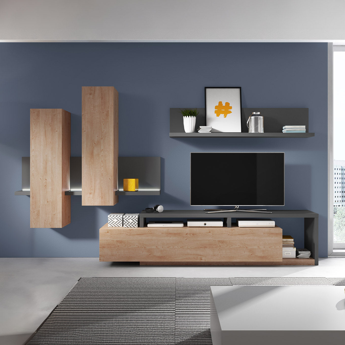 Sienas bloks Botes 219+/52/200 cm antracīts/ribbeka ozols