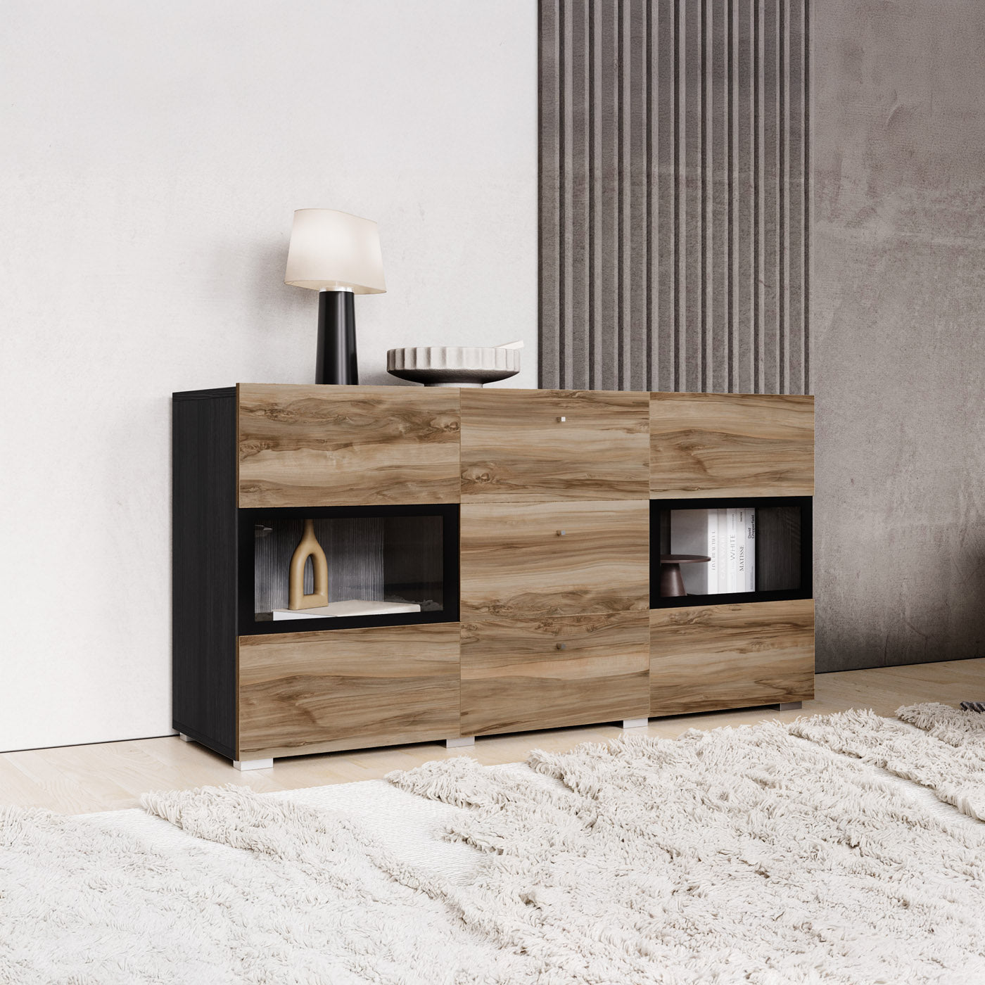 Kumode Barots 132/39/70 cm satīna nussbaum/melns/touchwood - N1 Home
