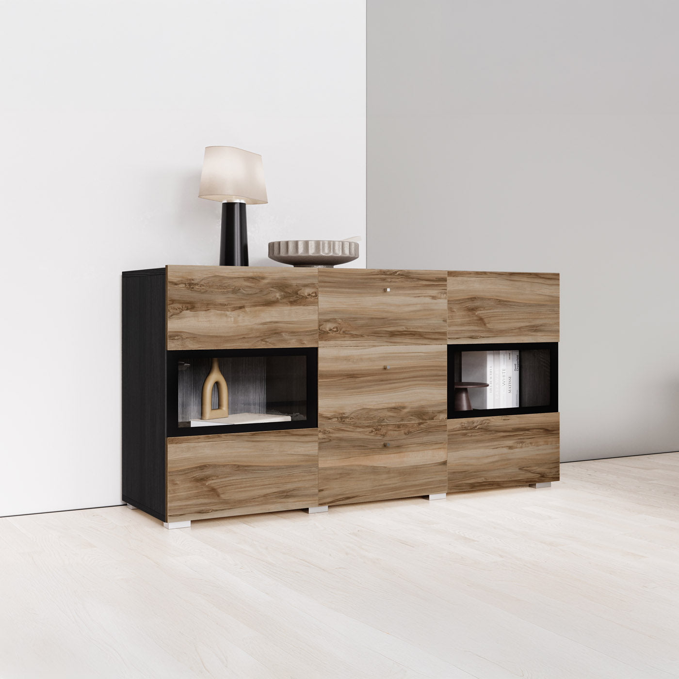 Kumode Barots 132/39/70 cm satīna nussbaum/melns/touchwood - N1 Home