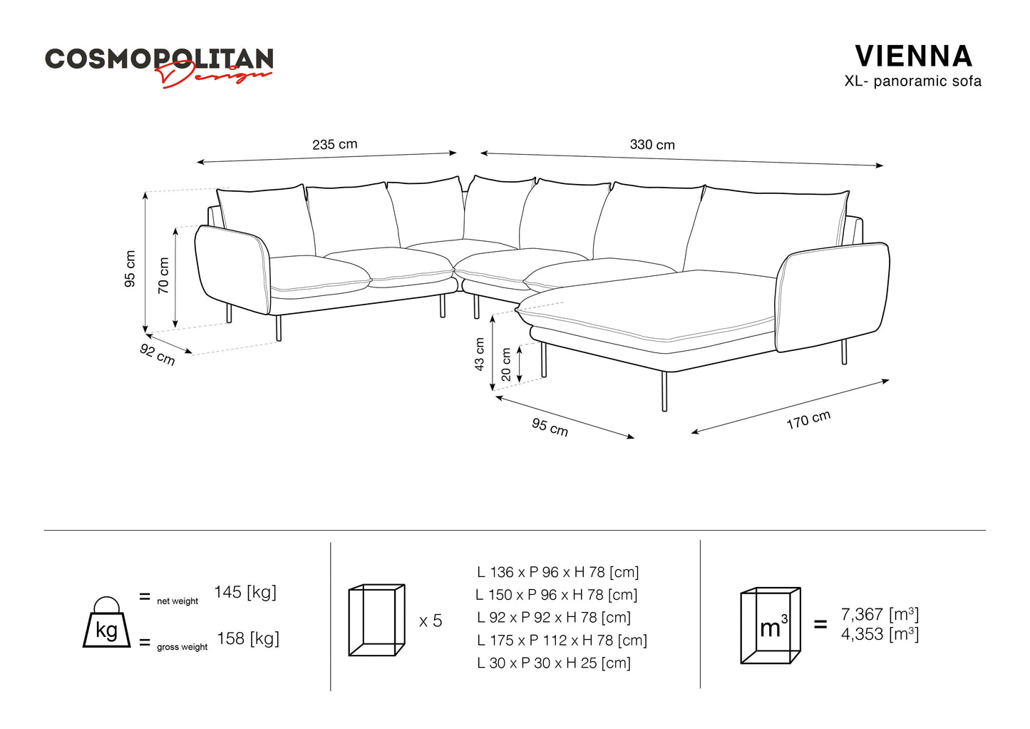 Dīvāns Cosmopolitan Design Vienna samta 330x235x95 cm bordo - N1 Home