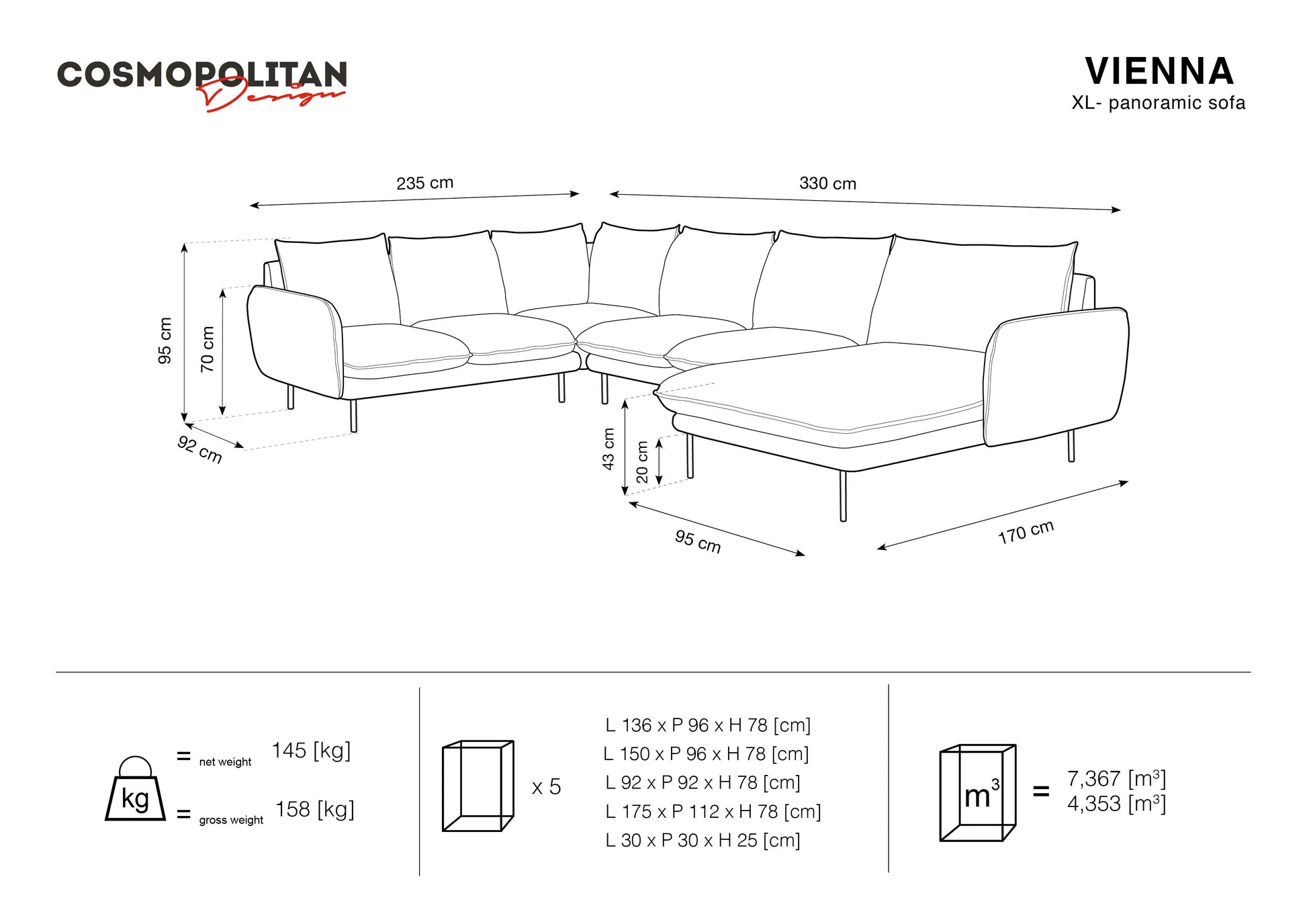 Dīvāns Cosmopolitan Design Vienna samta 330x235x95 cm pelēks - N1 Home