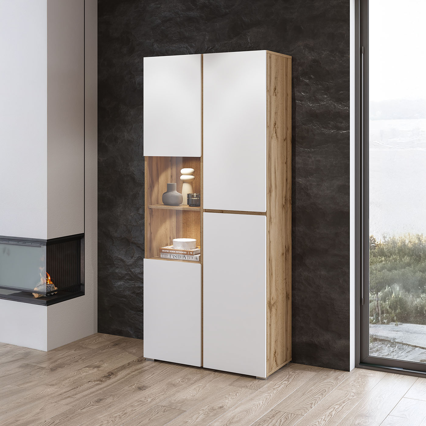 Vitrīnas skapis Krosit kolekcija 79/183/40 cm Votan ozols/balts - N1 Home