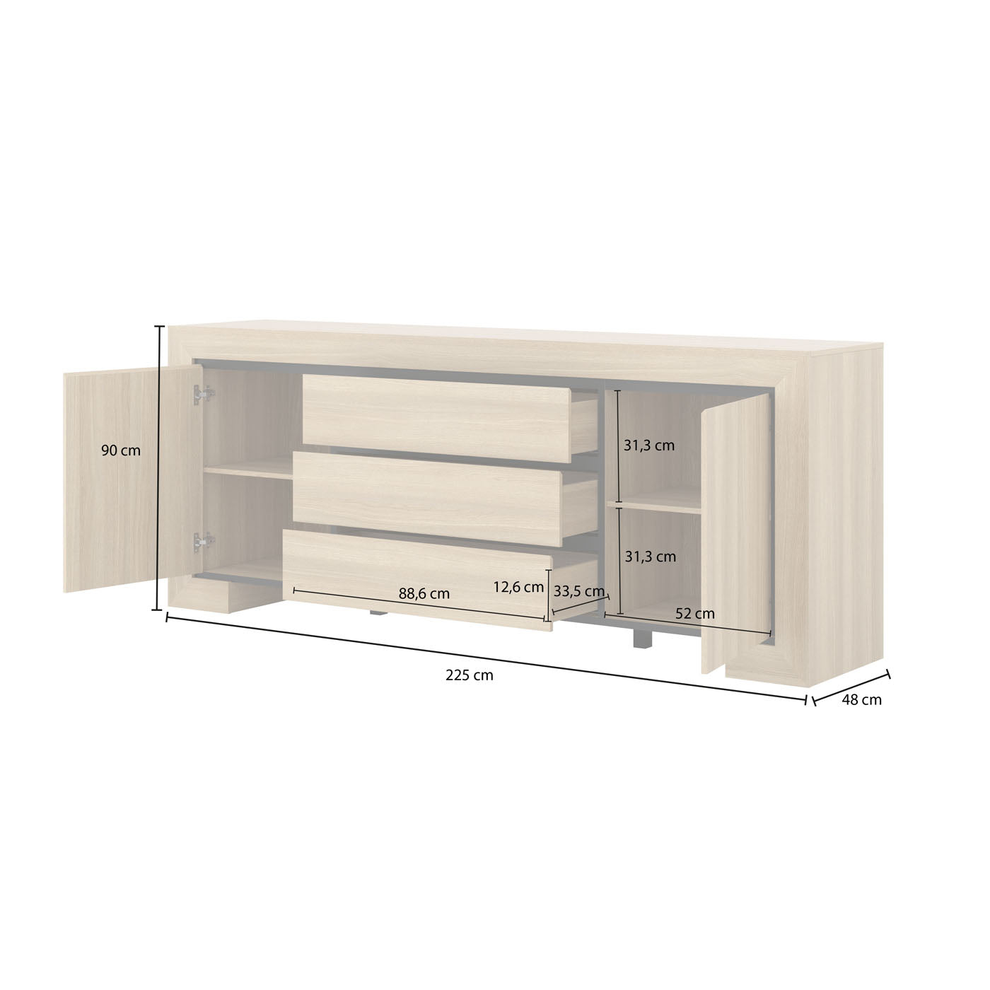 Kumode Cabira II 225/48/90 cm elegants ozols/melns - N1 Home