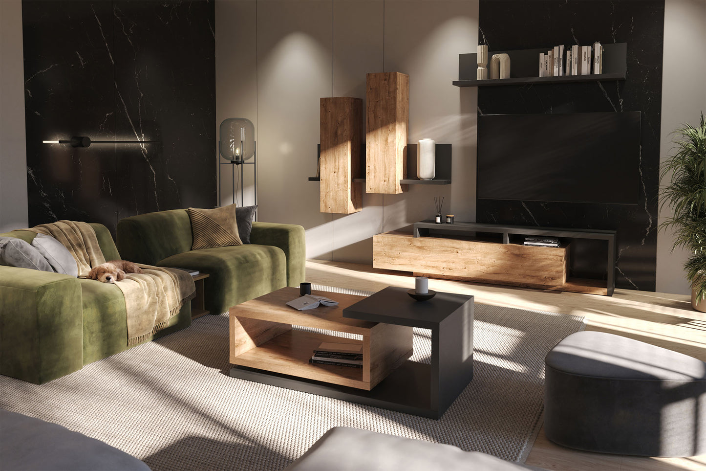 Skapis Botas 152/235/142 cm antracīts/ribbeka ozols