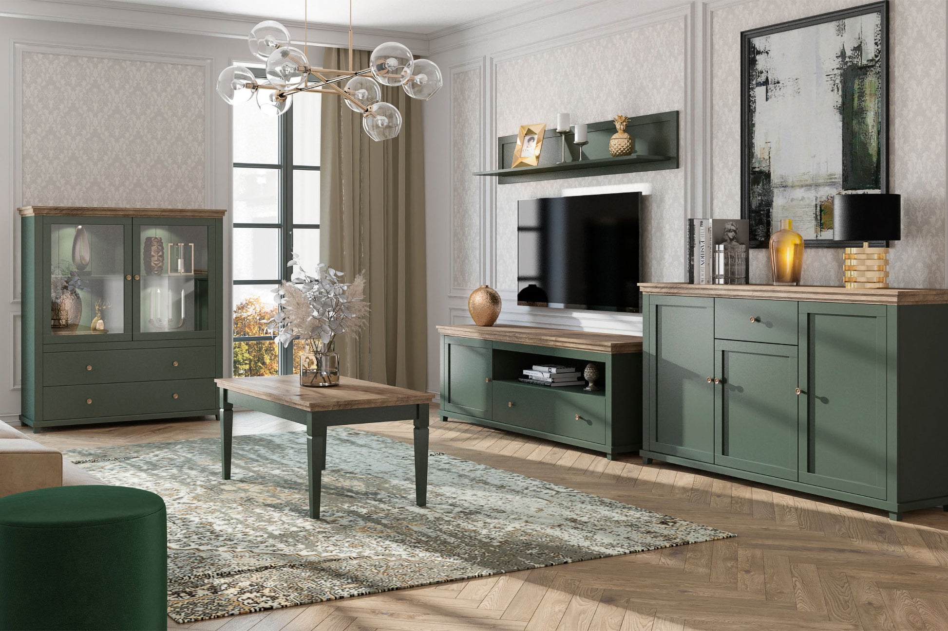 Kumode Evtar 126/138/42 cm zaļs/Lefkas ozols - N1 Home