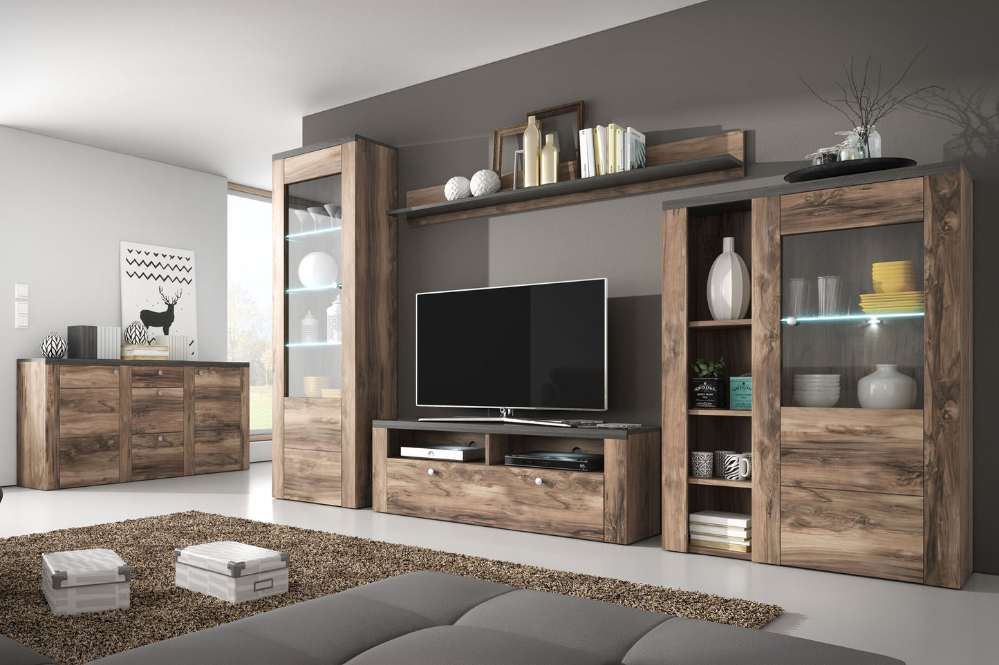 Sienas bloks Laroš 240+/206/37 cm touchwood/satīna nusbaum - N1 Home