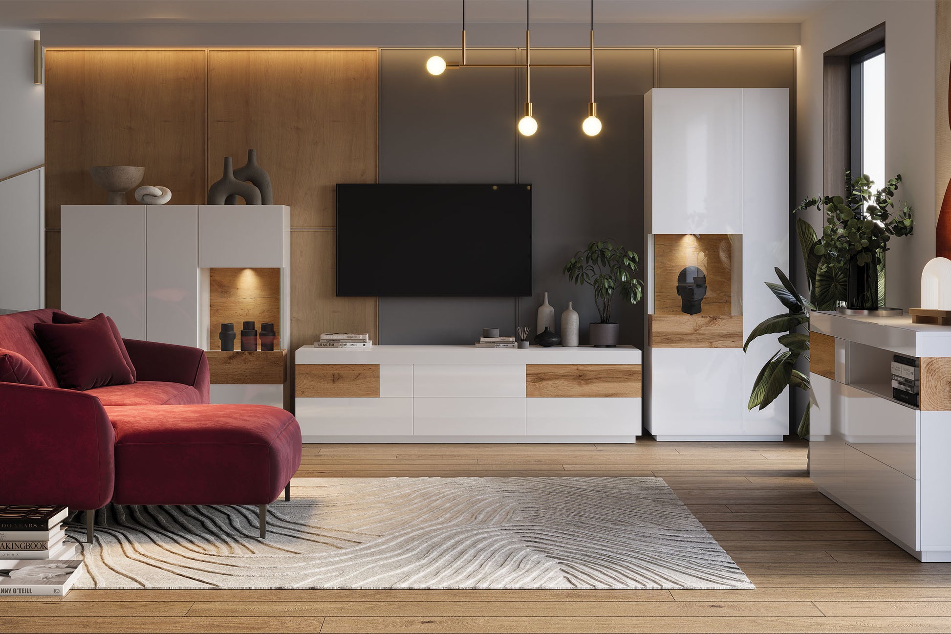 TV skapis Solani 160/54/50 cm balts/Votan ozols - N1 Home