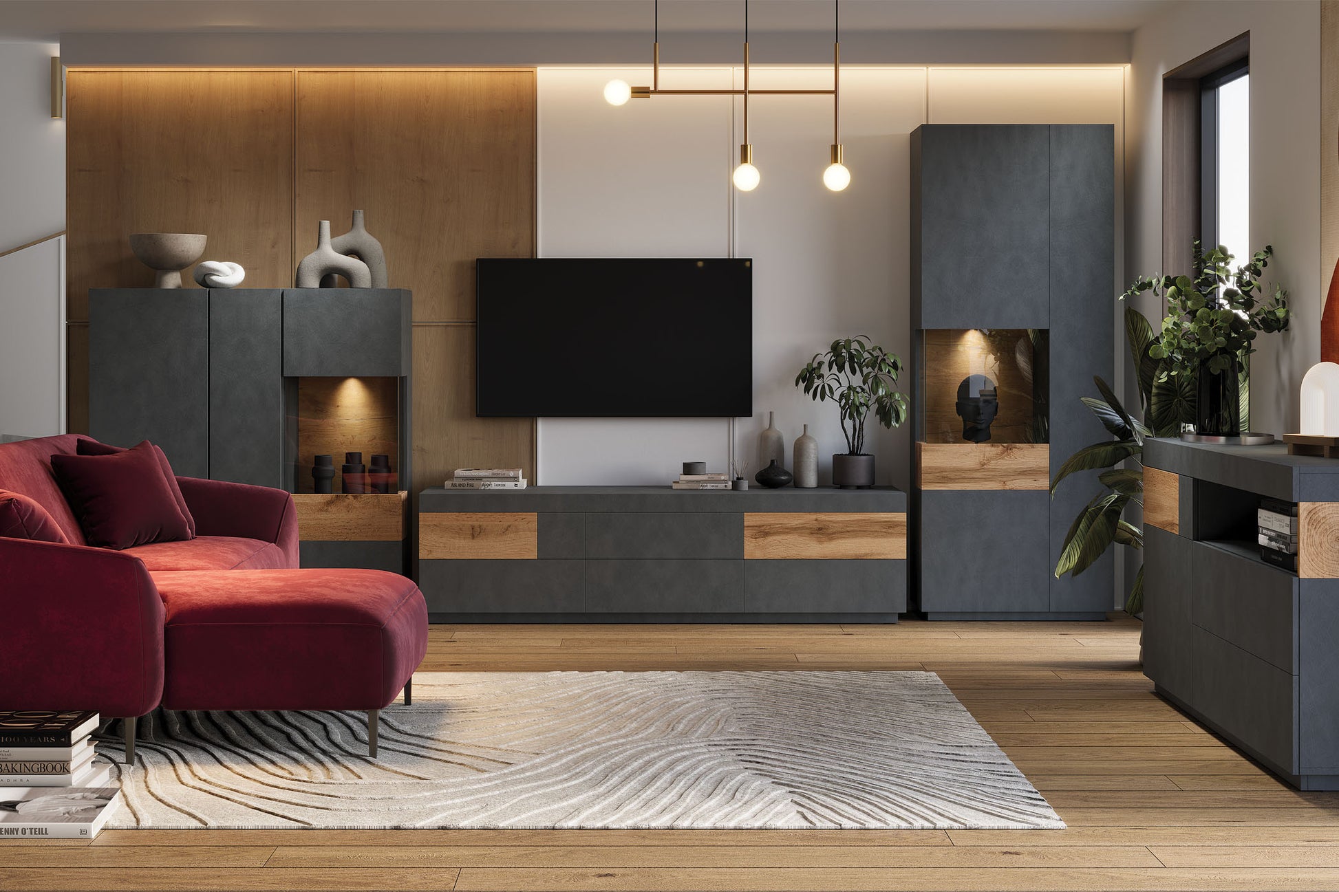 TV skapis Solani 206/54/50 cm antracīts/Votan ozols - N1 Home