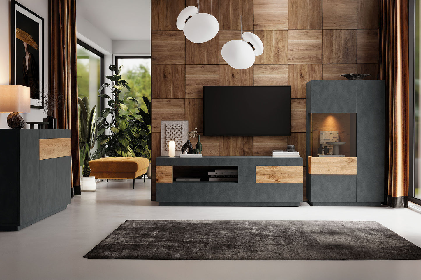 TV skapis Solani 206/54/50 cm antracīts/Votan ozols - N1 Home