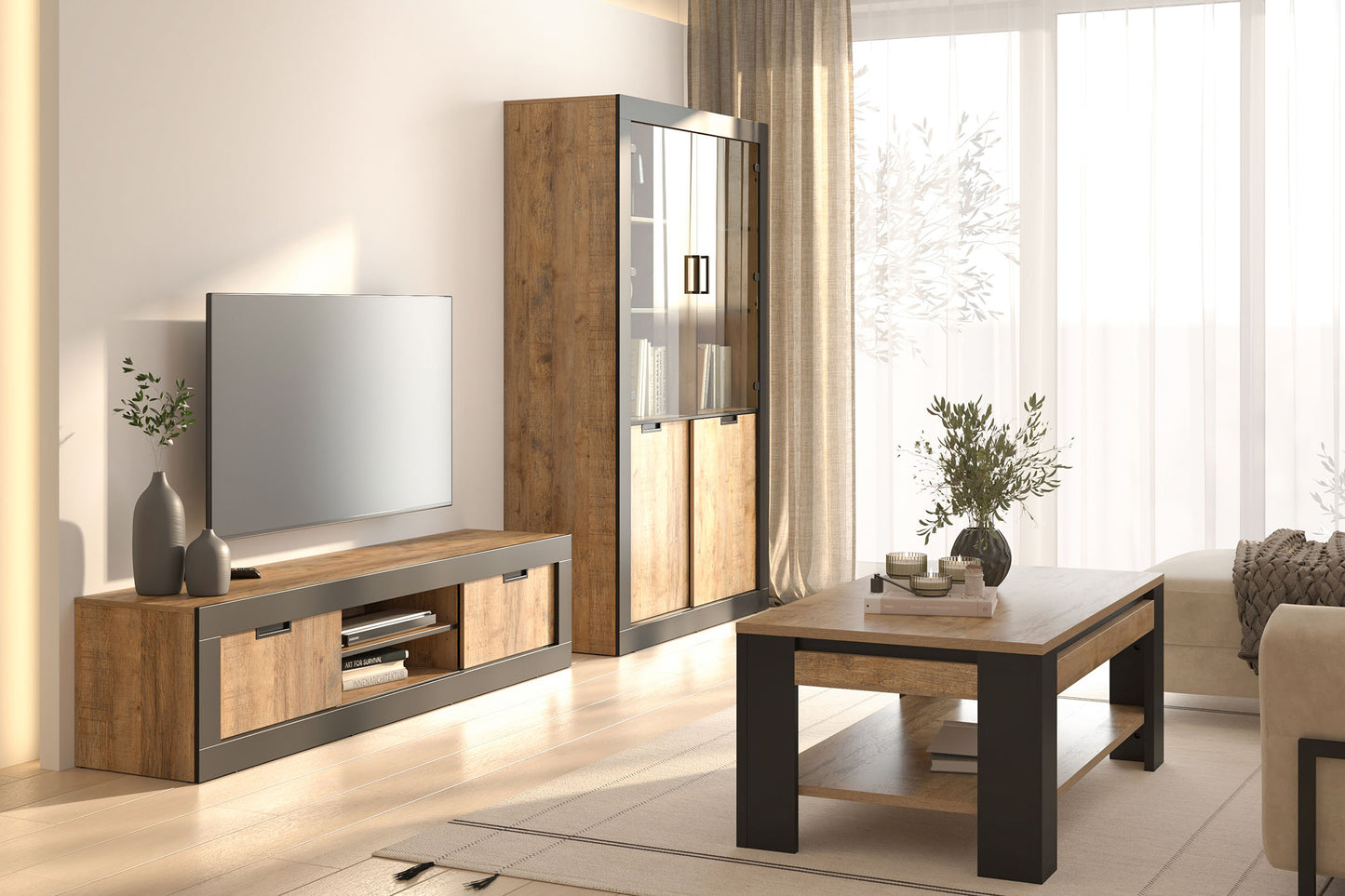 Vitrīnas skapis Valor 120/87/45 cm samdal ozols/melns - N1 Home