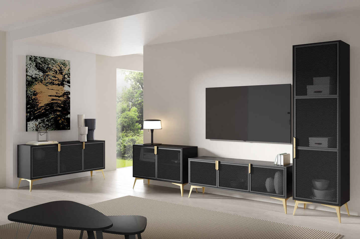 Vitrīnas skapis Bravis 60/200/42 cm melns/zelts - N1 Home