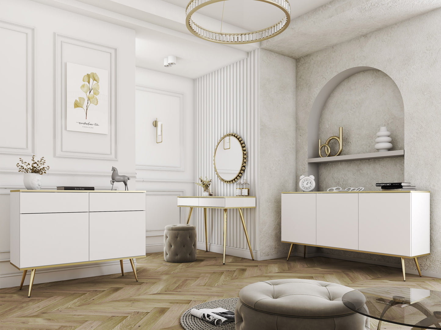 Naktsskapītis O2 54/59/39 cm balts/zelts - N1 Home