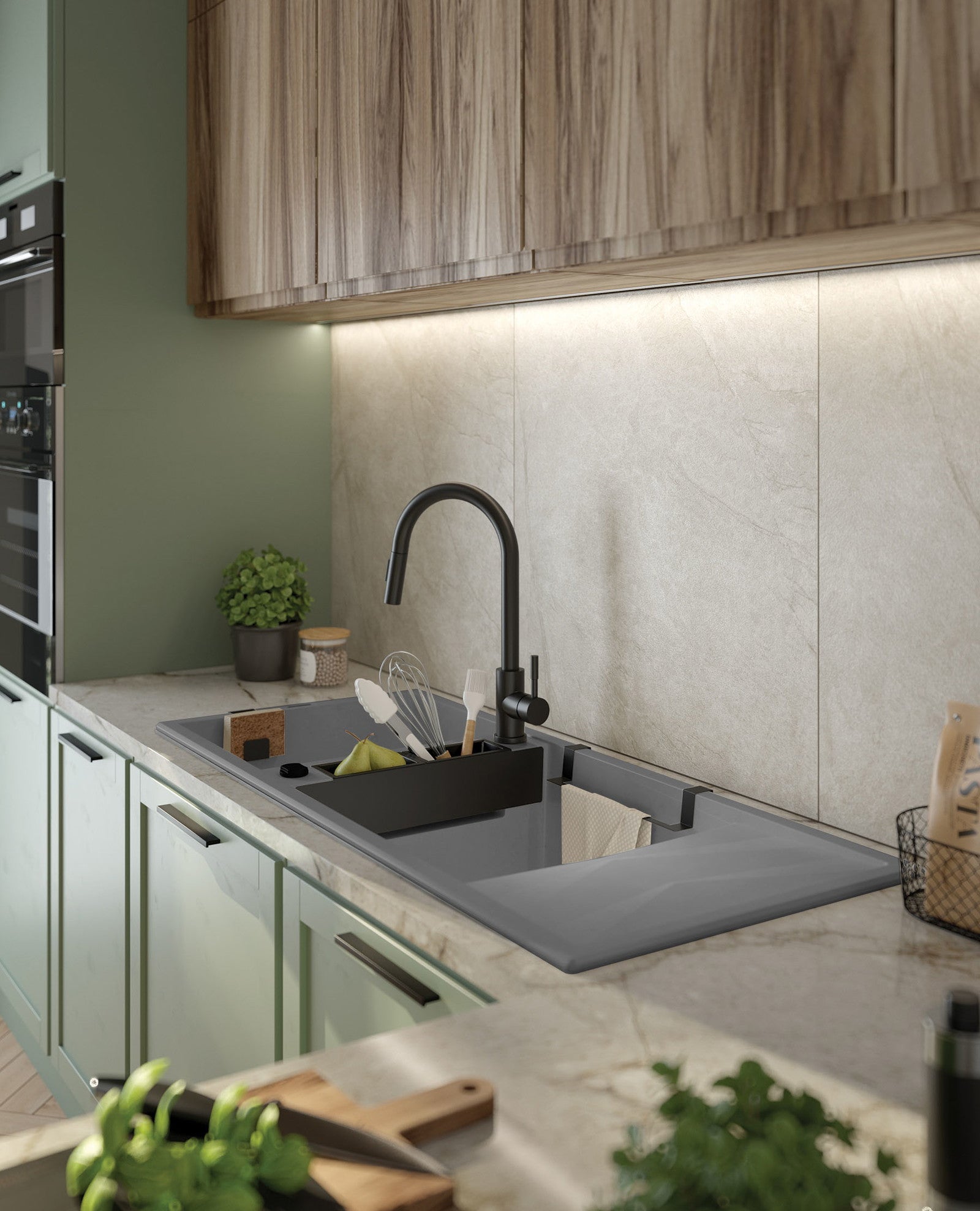 Magnētiskā 2 bļodiņu granīta izlietne ar notekcauruli Magnetic 1160 x 500 x 224 antracīta metālika - N1 Home