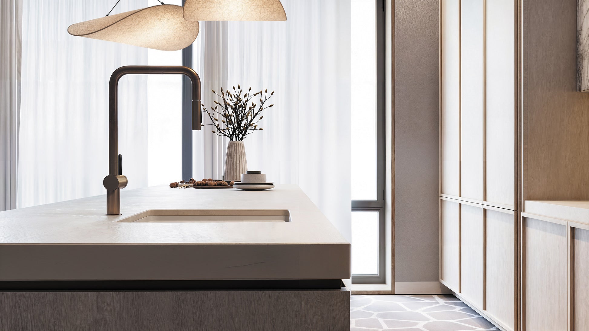 Virtuves jaucējkrāns ar izvelkamu snīpi Momi 408 mm matēts zelts - N1 Home