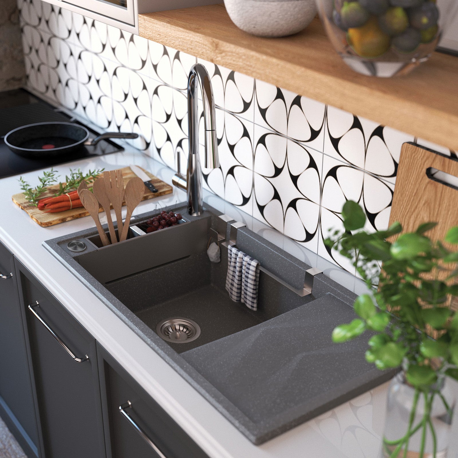 Magnētiskā 1 bļodas granīta izlietne ar izlietni Magnetic 820 x 500 x 219 alabastrs - N1 Home