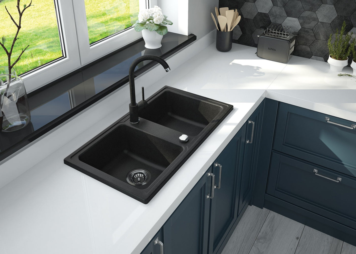 2-bļodiņu granīta izlietne Zorba 780 x 435 x 180 alabastrs - N1 Home