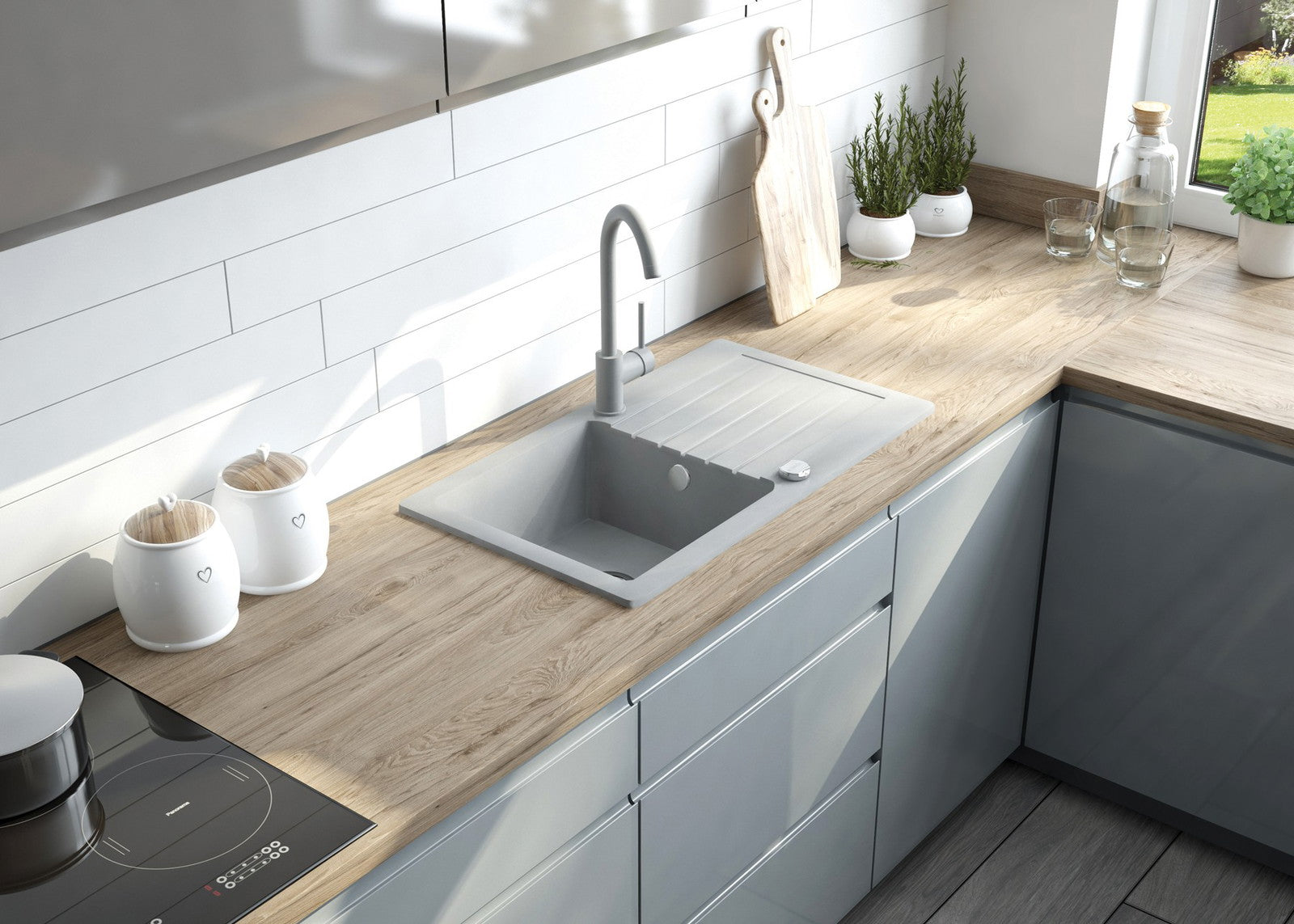 Granīta izlietne ar jaucējkrānu 1-bļodas izlietne ar izlietni Zorba 760 x 440 x 160 alabastrs - N1 Home