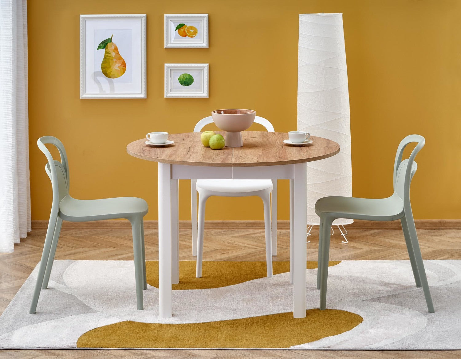 RN table color top craft ozols, kājas - baltas (102-142x102x76 cm)