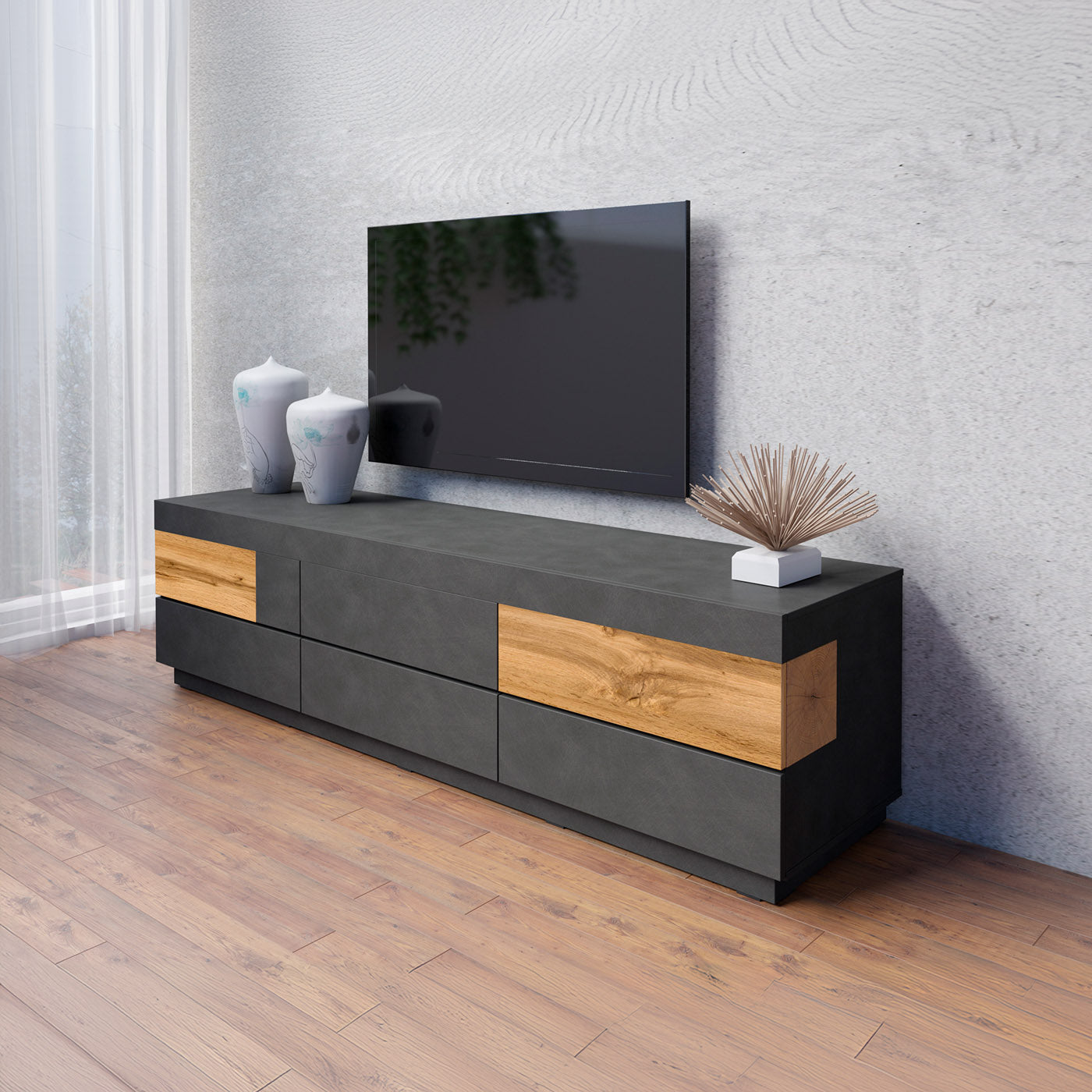 TV skapis Solani 206/54/50 cm antracīts/Votan ozols - N1 Home