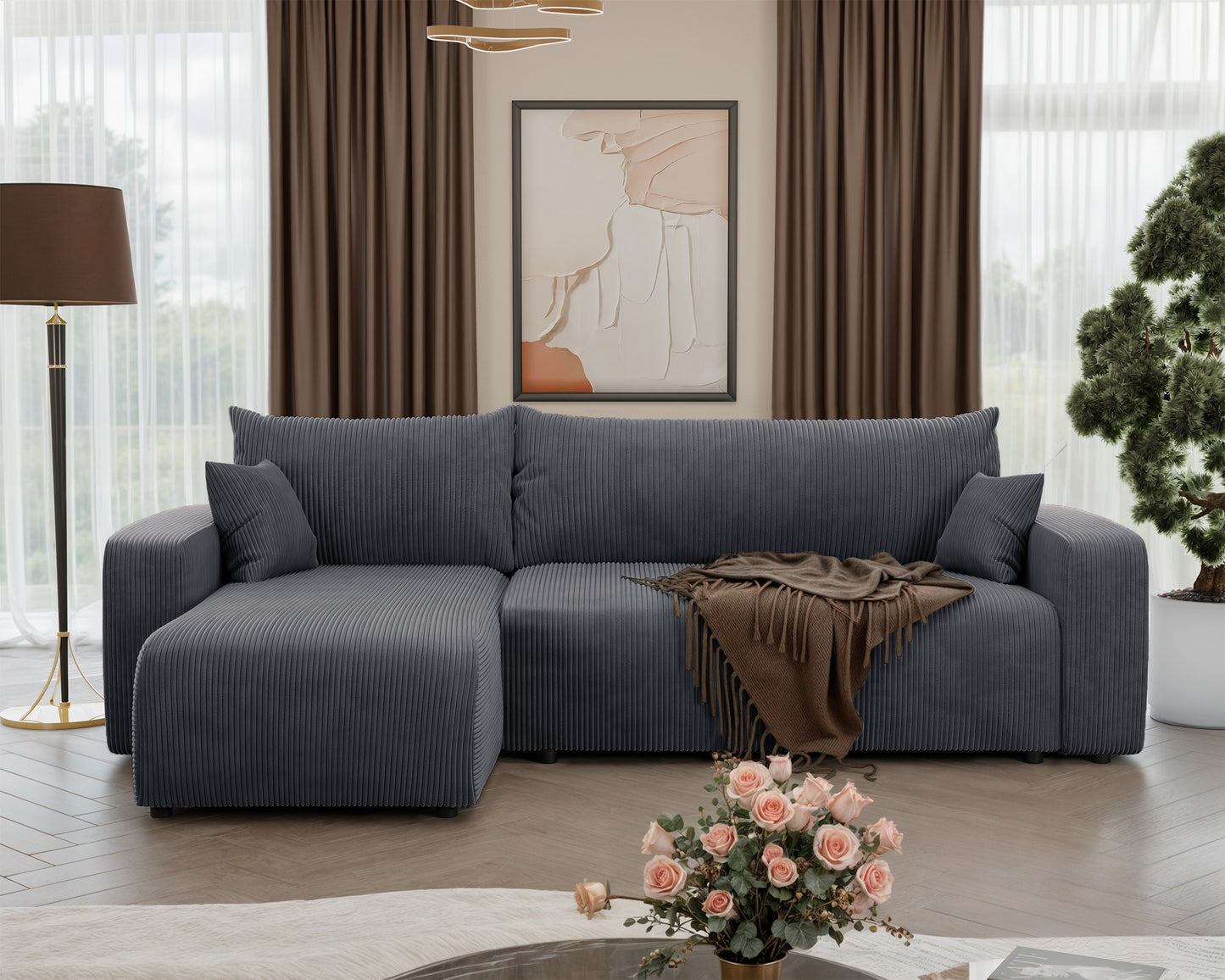 NONIPIA L-formas stūra dīvāns ar gulēšanas funkciju, ar konteineri, universāls, pelēks velvets - N1 Home