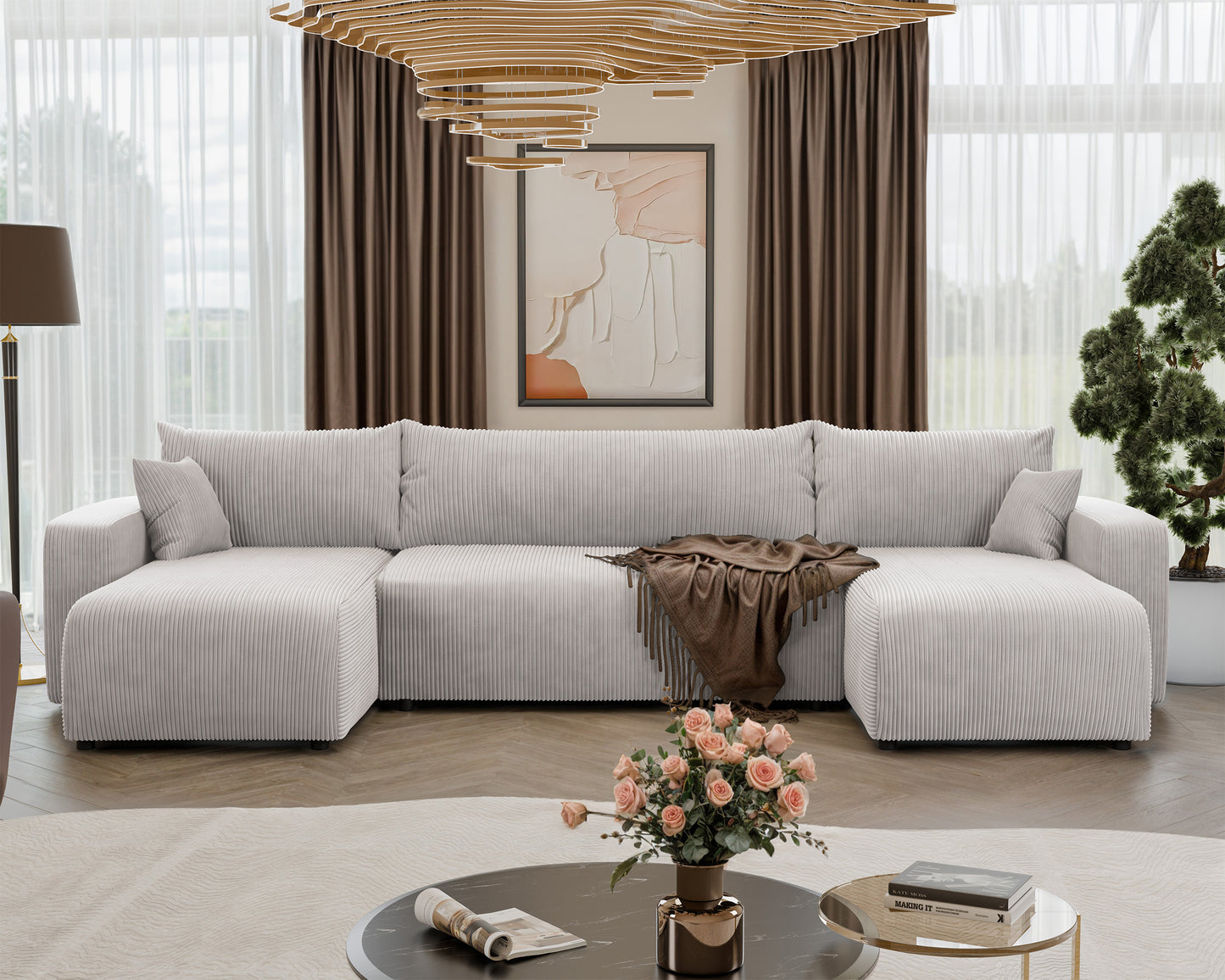 NONIPIA U-formas stūra dīvāns ar gulēšanas funkciju, ar konteineri, universāls, gaiši bēšs velvets - N1 Home