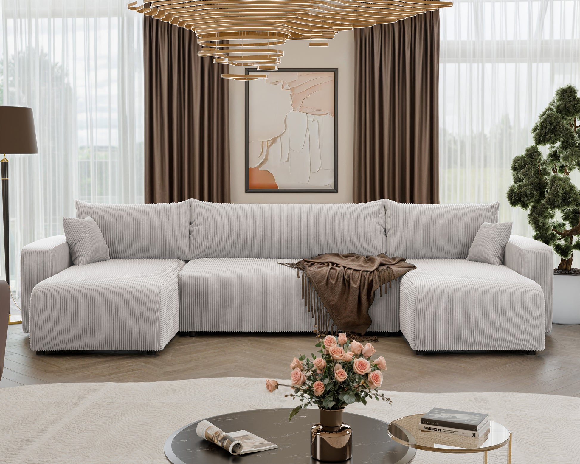 NONIPIA U-formas stūra dīvāns ar gulēšanas funkciju, ar konteineri, universāls, gaiši bēšs velvets - N1 Home