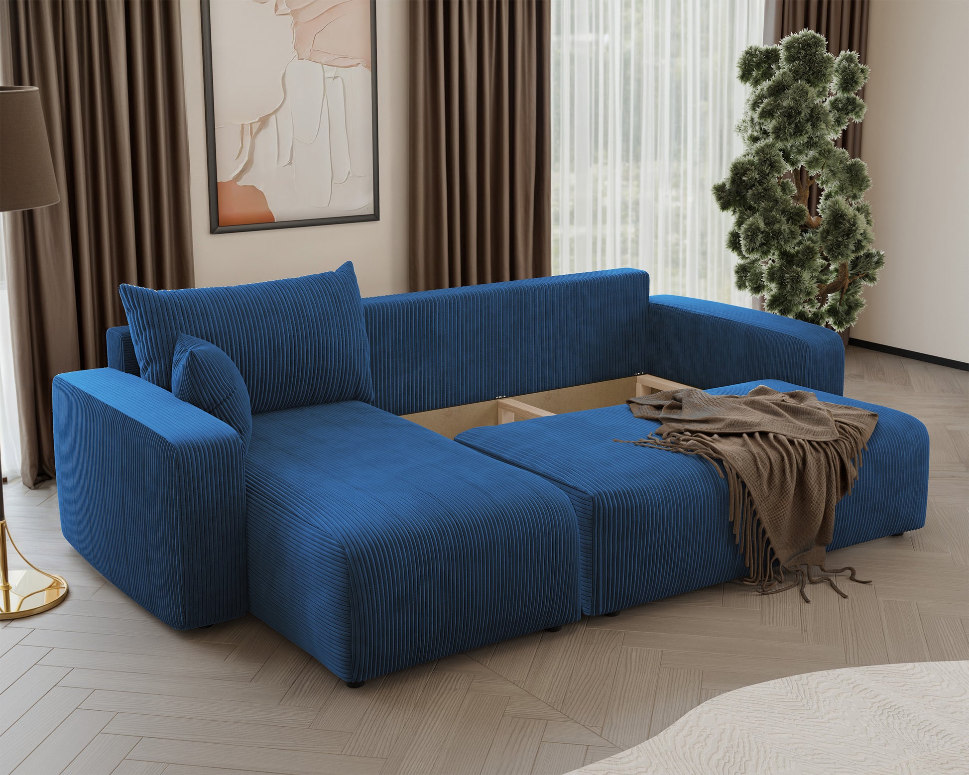 NONIPIA L-formas stūra dīvāns ar gulēšanas funkciju, ar konteineri, universāls, tumši zils velvets - N1 Home