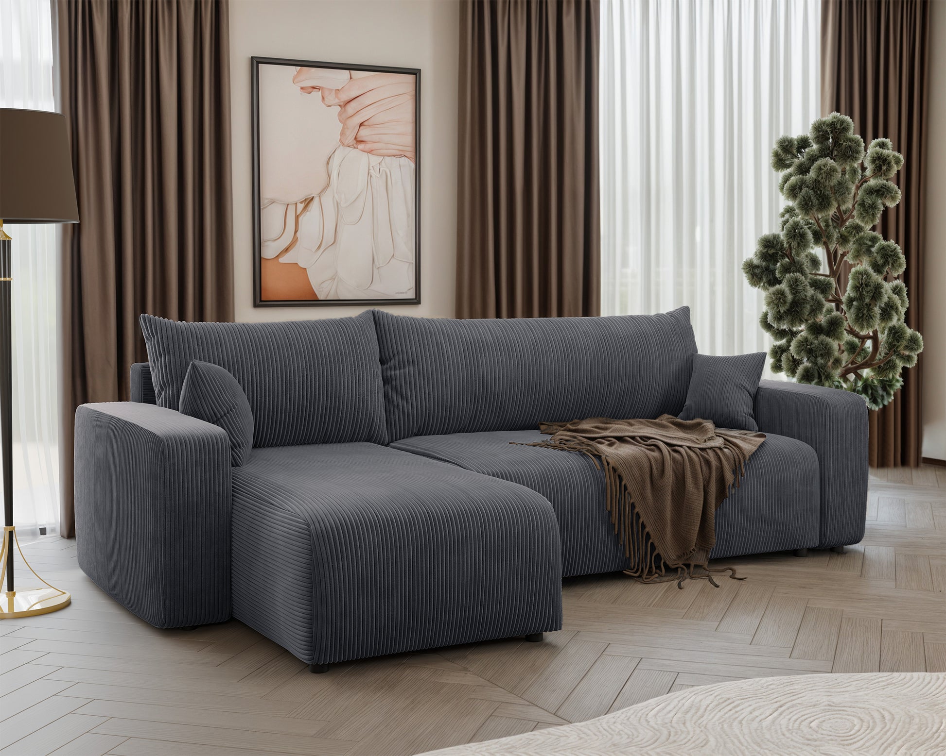 NONIPIA L-formas stūra dīvāns ar gulēšanas funkciju, ar konteineri, universāls, pelēks velvets - N1 Home