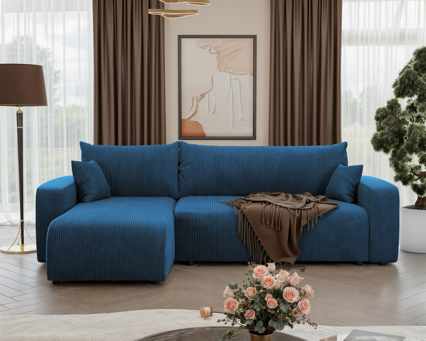 NONIPIA L-formas stūra dīvāns ar gulēšanas funkciju, ar konteineri, universāls, tumši zils velvets - N1 Home