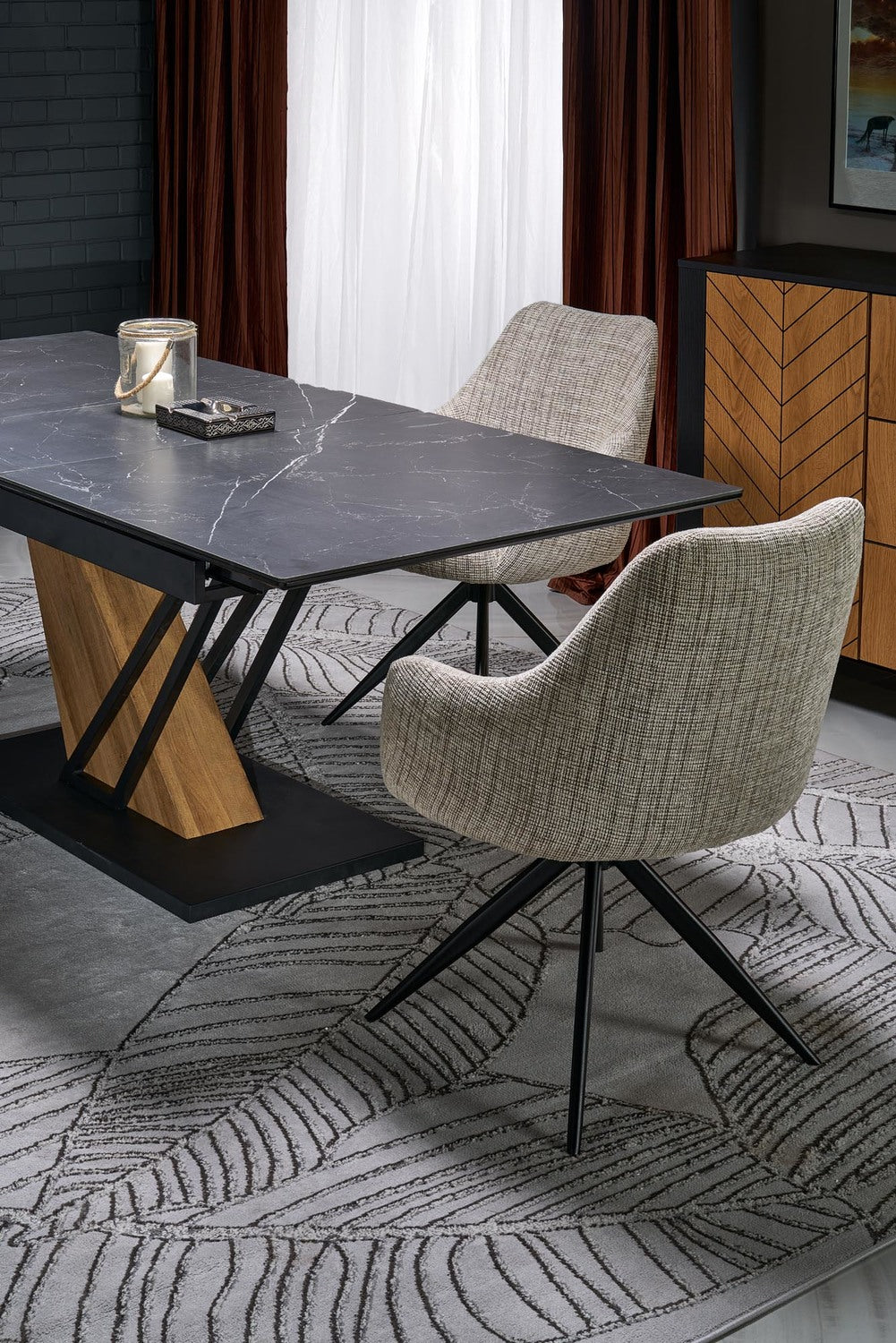 Galds Volans 140; 160/90/67 cm melns marmors/ozols - N1 Home