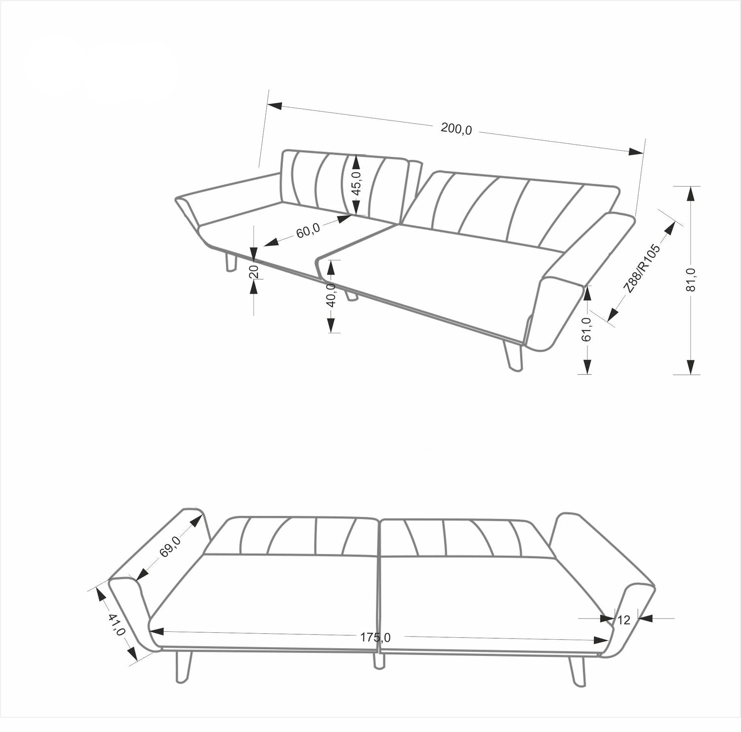Dīvāns Morza 200/88-105/81-61 cm pelēks - N1 Home